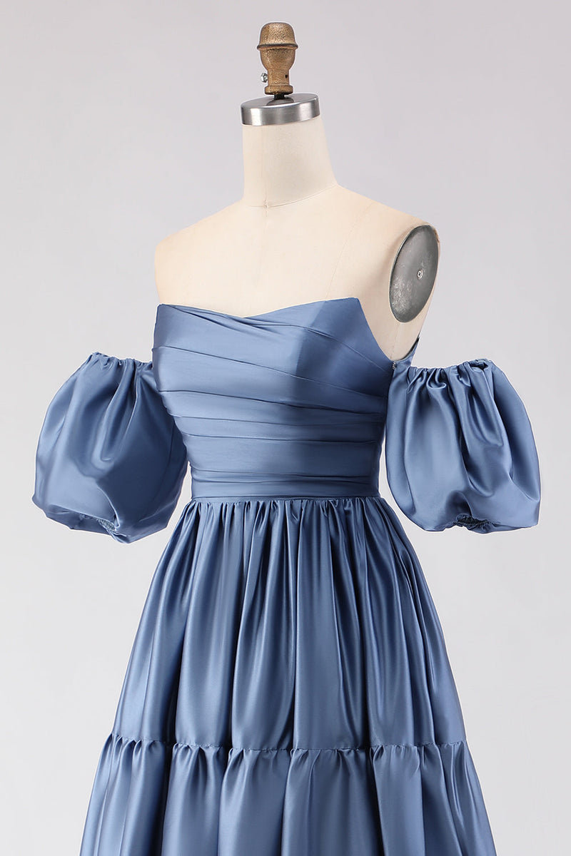 Laden Sie das Bild in den Galerie-Viewer, Stahlblaues, schulterfreies Satin-A-Line-Langballkleid mit abnehmbaren Ärmeln