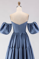 Laden Sie das Bild in den Galerie-Viewer, Stahlblaues, schulterfreies Satin-A-Line-Langballkleid mit abnehmbaren Ärmeln