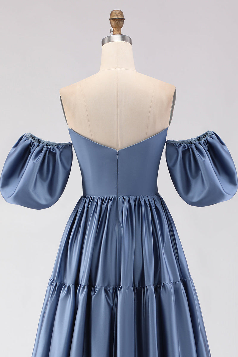 Laden Sie das Bild in den Galerie-Viewer, Stahlblaues, schulterfreies Satin-A-Line-Langballkleid mit abnehmbaren Ärmeln