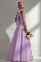 Laden Sie das Bild in den Galerie-Viewer, Halter A Linie Lila Cut Chiffon Langes Brautjungfernkleid