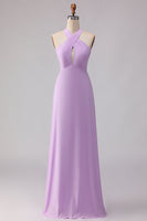 Laden Sie das Bild in den Galerie-Viewer, Halter A Linie Lila Cut Chiffon Langes Brautjungfernkleid