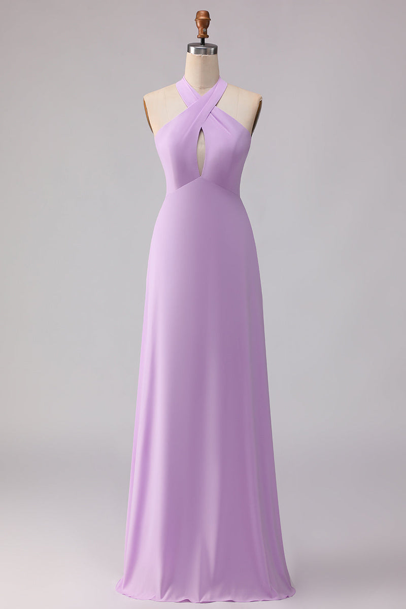 Laden Sie das Bild in den Galerie-Viewer, Halter A Linie Lila Cut Chiffon Langes Brautjungfernkleid
