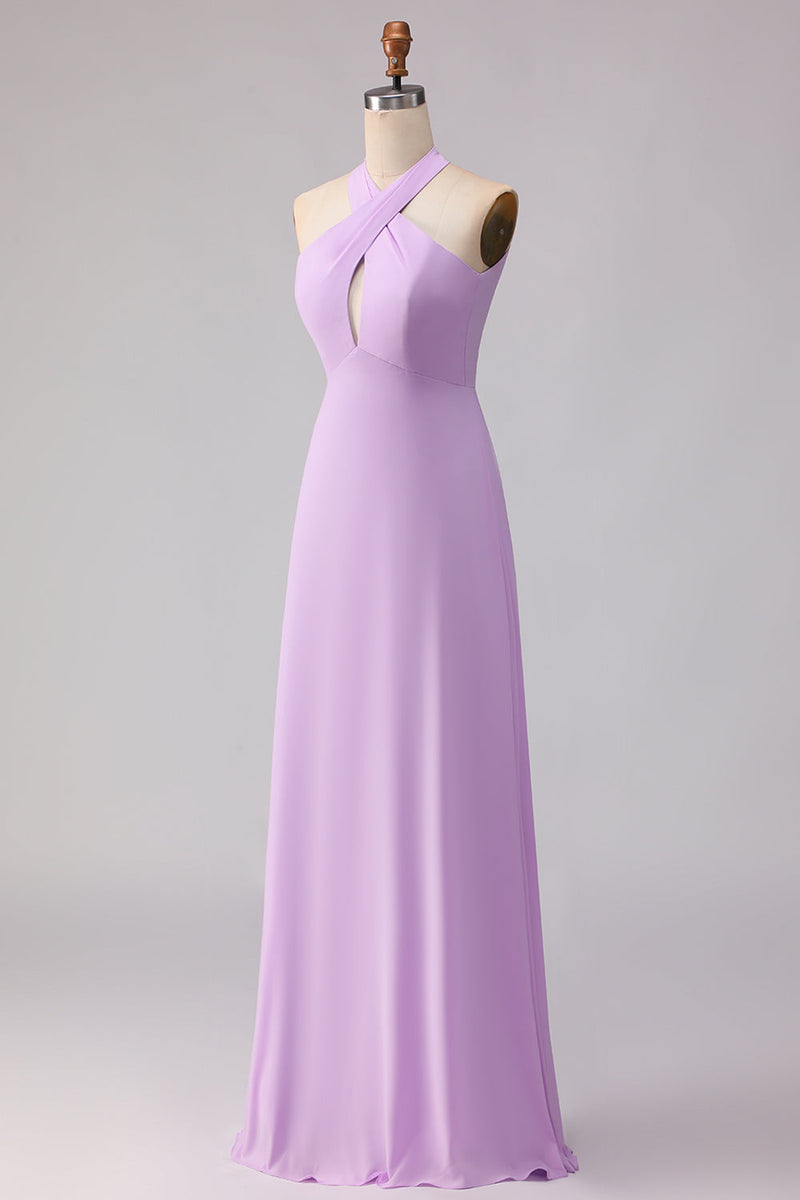 Laden Sie das Bild in den Galerie-Viewer, Halter A Linie Lila Cut Chiffon Langes Brautjungfernkleid