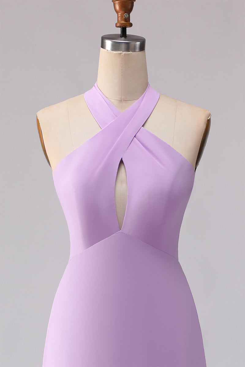 Laden Sie das Bild in den Galerie-Viewer, Halter A Linie Lila Cut Chiffon Langes Brautjungfernkleid