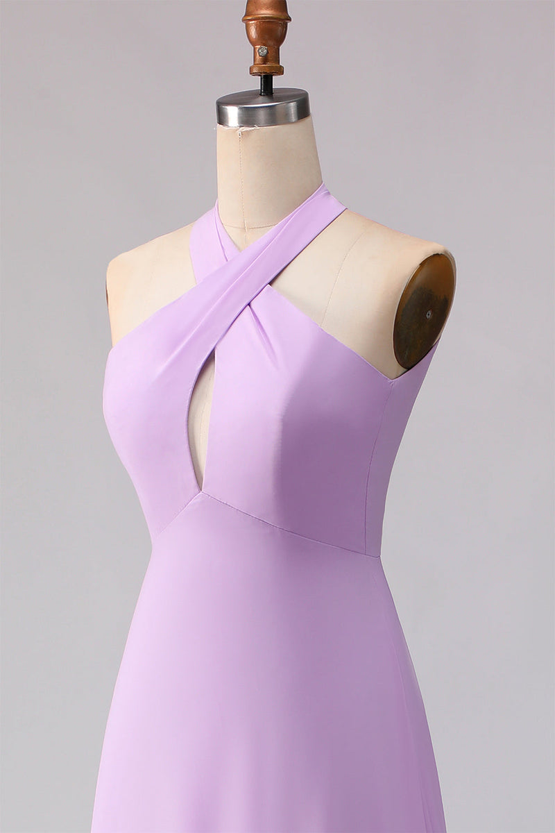 Laden Sie das Bild in den Galerie-Viewer, Halter A Linie Lila Cut Chiffon Langes Brautjungfernkleid