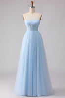 Laden Sie das Bild in den Galerie-Viewer, Blaues Trägerloses Chiffon A-Linie Korsett Langes Brautjungfernkleid
