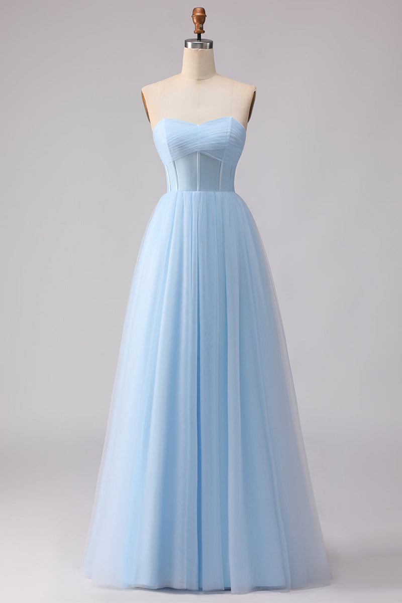 Laden Sie das Bild in den Galerie-Viewer, Blaues Trägerloses Chiffon A-Linie Korsett Langes Brautjungfernkleid