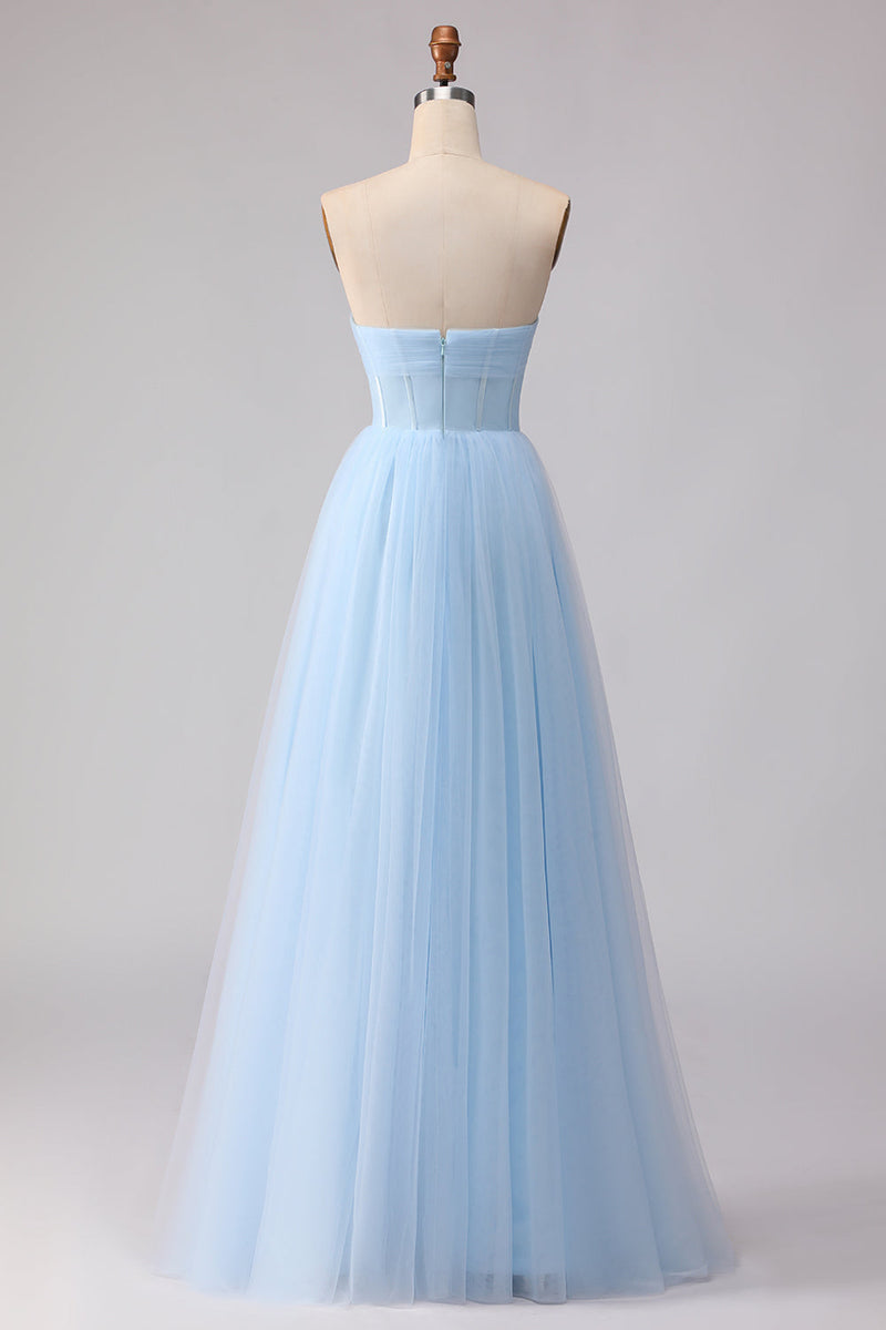 Laden Sie das Bild in den Galerie-Viewer, Blaues Trägerloses Chiffon A-Linie Korsett Langes Brautjungfernkleid