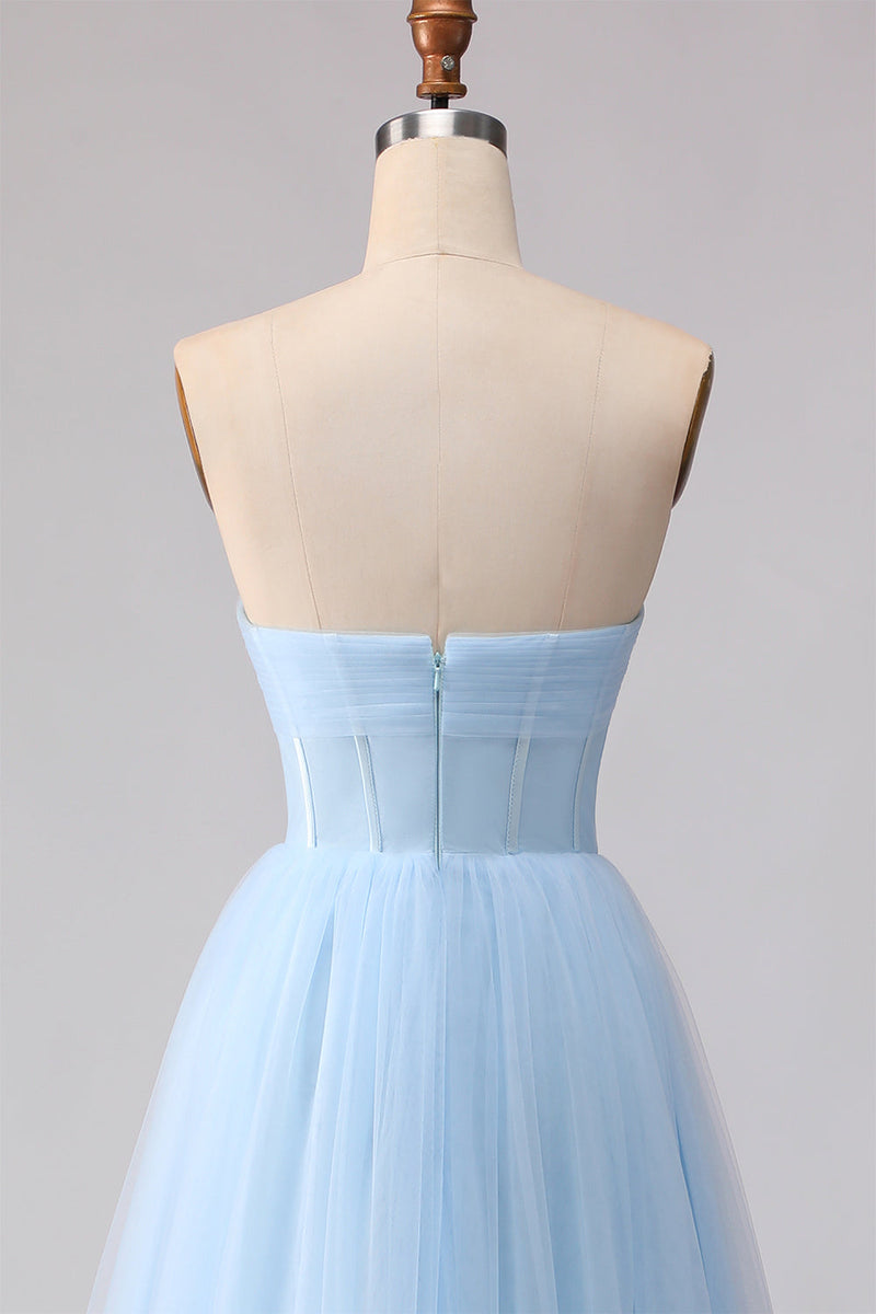 Laden Sie das Bild in den Galerie-Viewer, Blaues Trägerloses Chiffon A-Linie Korsett Langes Brautjungfernkleid