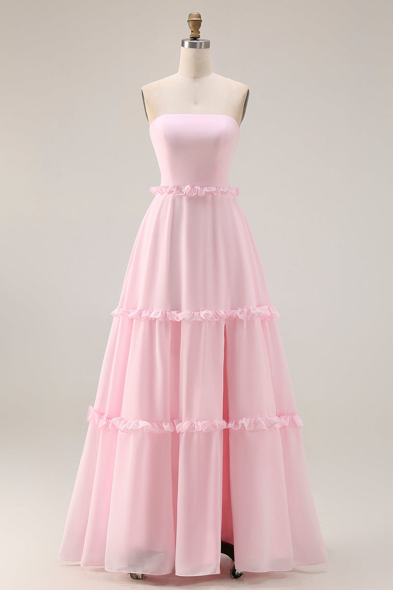 Laden Sie das Bild in den Galerie-Viewer, Blush Rosa A-Linie Trägerloses Chiffon Langes Brautjungfernkleid mit Schlitz