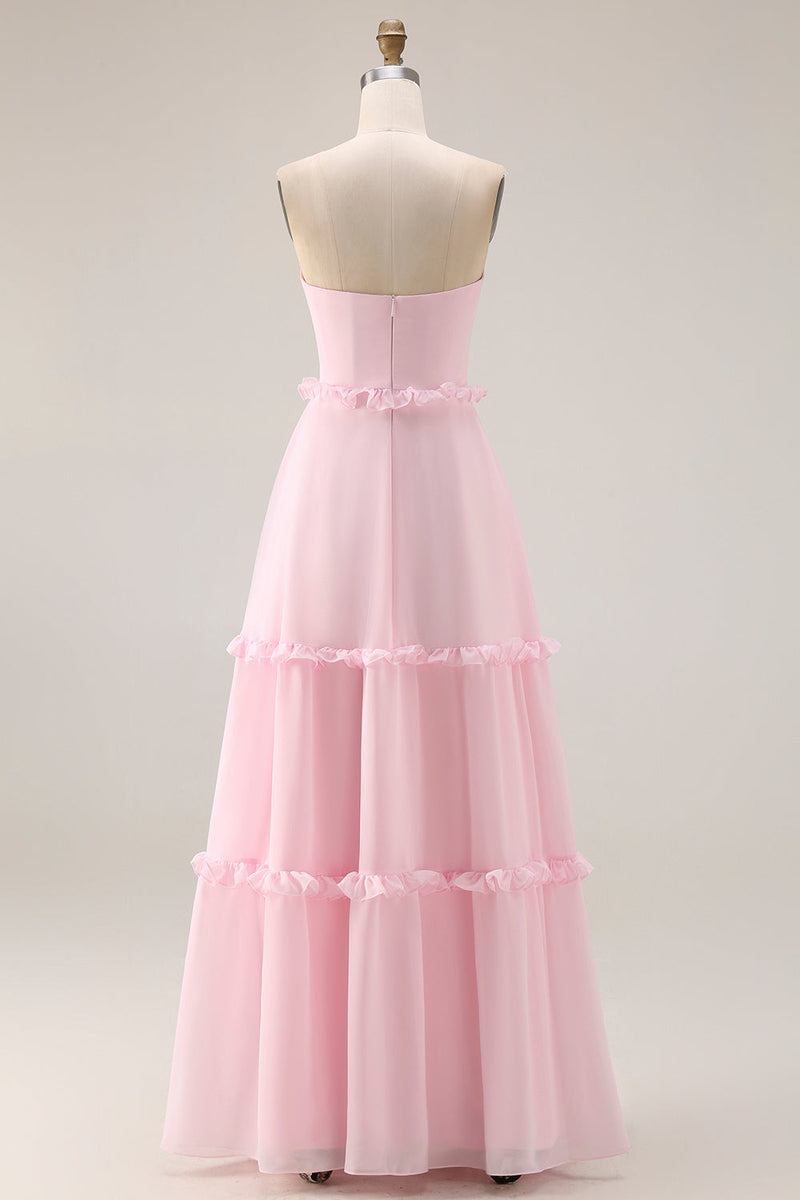 Laden Sie das Bild in den Galerie-Viewer, Blush Rosa A-Linie Trägerloses Chiffon Langes Brautjungfernkleid mit Schlitz