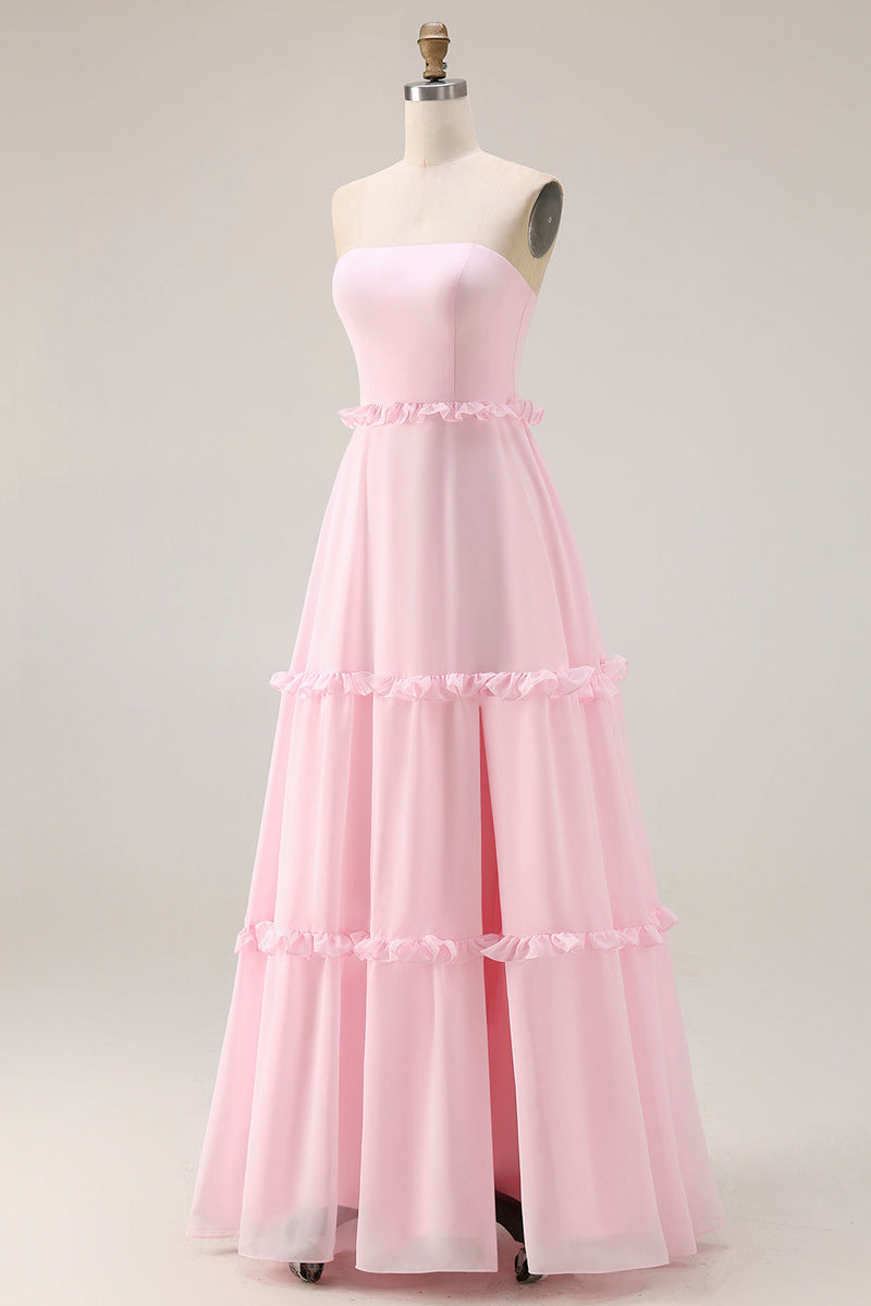 Laden Sie das Bild in den Galerie-Viewer, Blush Rosa A-Linie Trägerloses Chiffon Langes Brautjungfernkleid mit Schlitz