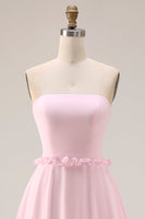 Laden Sie das Bild in den Galerie-Viewer, Blush Rosa A-Linie Trägerloses Chiffon Langes Brautjungfernkleid mit Schlitz