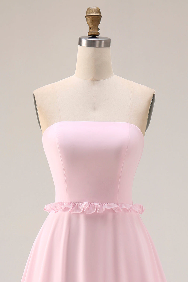 Laden Sie das Bild in den Galerie-Viewer, Blush Rosa A-Linie Trägerloses Chiffon Langes Brautjungfernkleid mit Schlitz