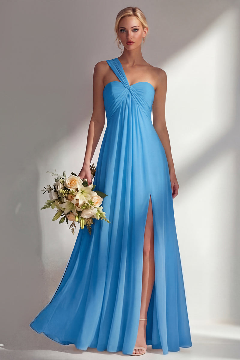Laden Sie das Bild in den Galerie-Viewer, Zitronensorbet A-Linie Chiffon Wandelbares Langes Brautjungfernkleid mit Schlitz