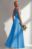 Laden Sie das Bild in den Galerie-Viewer, Zitronensorbet A-Linie Chiffon Wandelbares Langes Brautjungfernkleid mit Schlitz
