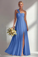 Laden Sie das Bild in den Galerie-Viewer, Zitronensorbet A-Linie Chiffon Wandelbares Langes Brautjungfernkleid mit Schlitz