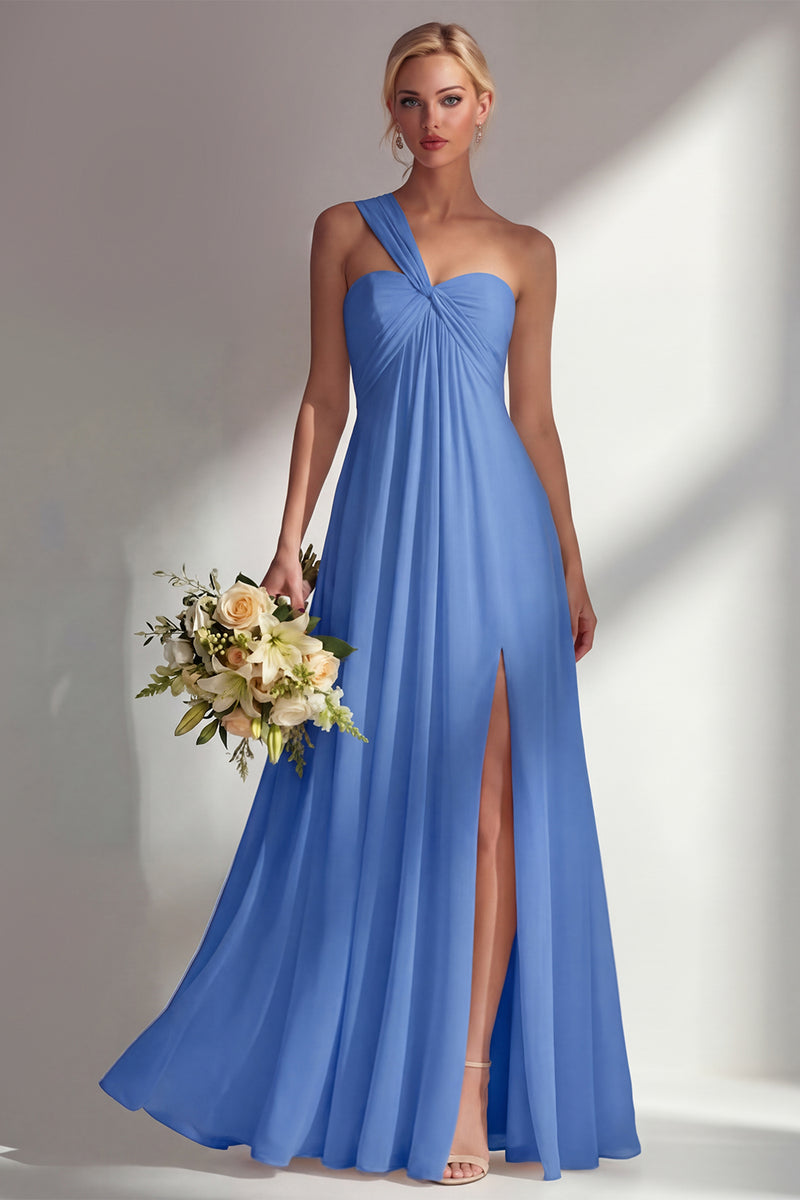 Laden Sie das Bild in den Galerie-Viewer, Zitronensorbet A-Linie Chiffon Wandelbares Langes Brautjungfernkleid mit Schlitz