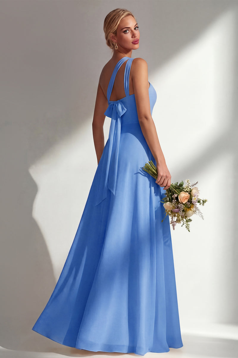 Laden Sie das Bild in den Galerie-Viewer, Zitronensorbet A-Linie Chiffon Wandelbares Langes Brautjungfernkleid mit Schlitz
