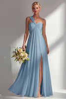 Laden Sie das Bild in den Galerie-Viewer, Zitronensorbet A-Linie Chiffon Wandelbares Langes Brautjungfernkleid mit Schlitz