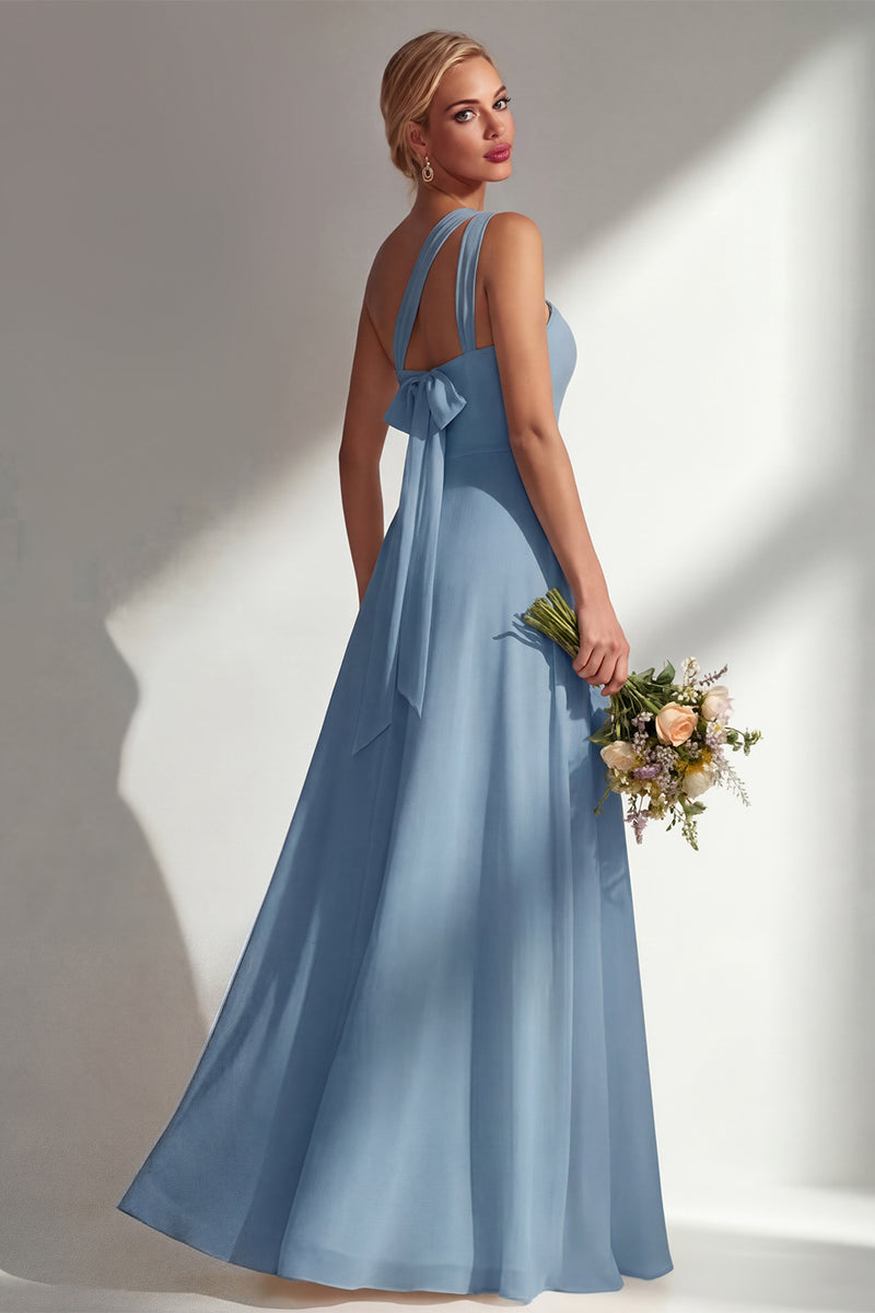 Laden Sie das Bild in den Galerie-Viewer, Zitronensorbet A-Linie Chiffon Wandelbares Langes Brautjungfernkleid mit Schlitz