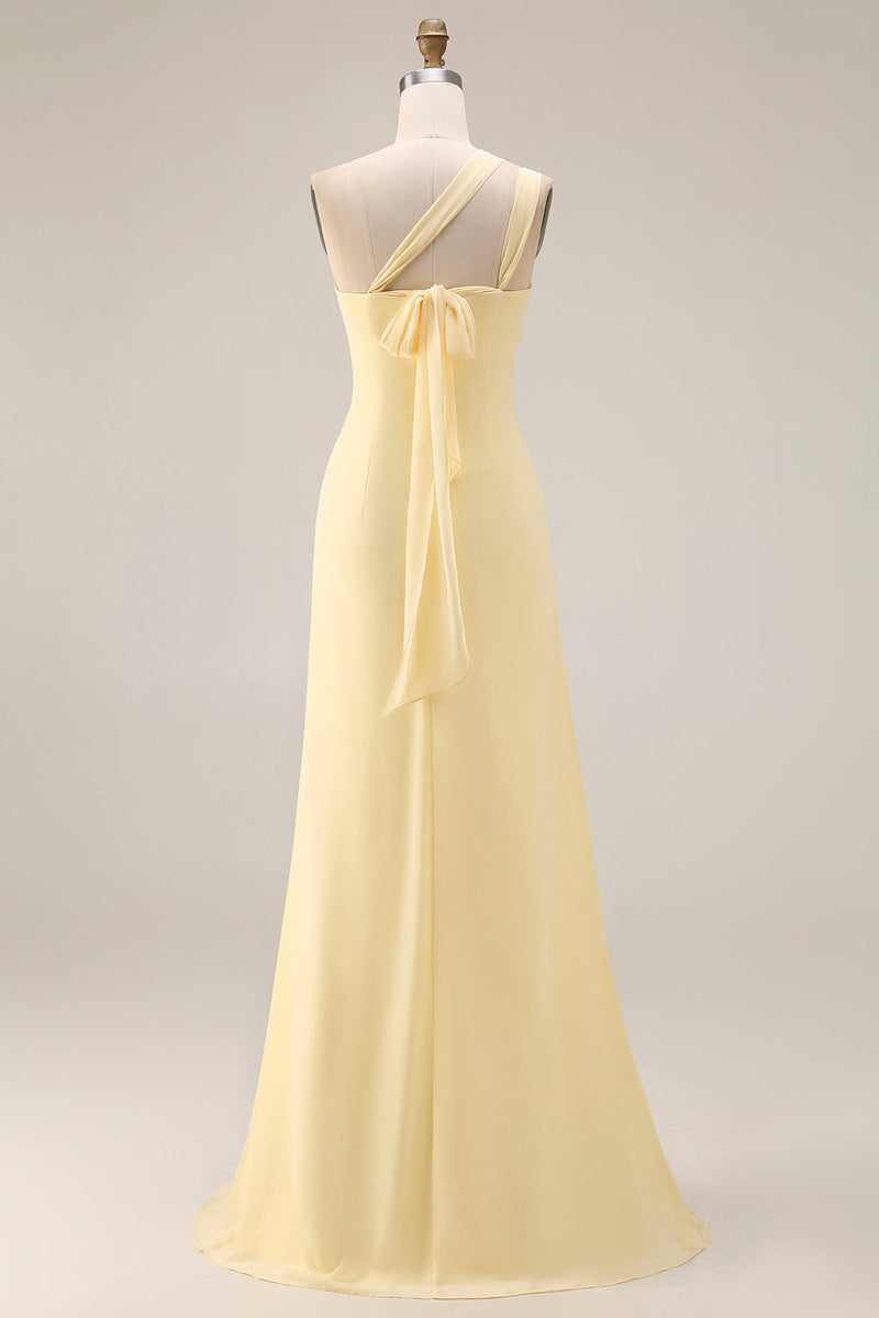 Laden Sie das Bild in den Galerie-Viewer, Zitronensorbet A-Linie Chiffon Wandelbares Langes Brautjungfernkleid mit Schlitz