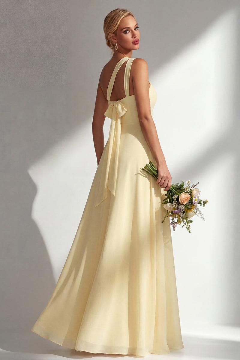 Laden Sie das Bild in den Galerie-Viewer, Zitronensorbet A-Linie Chiffon Wandelbares Langes Brautjungfernkleid mit Schlitz