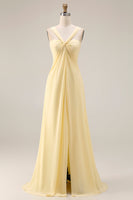 Laden Sie das Bild in den Galerie-Viewer, Zitronensorbet A-Linie Chiffon Wandelbares Langes Brautjungfernkleid mit Schlitz