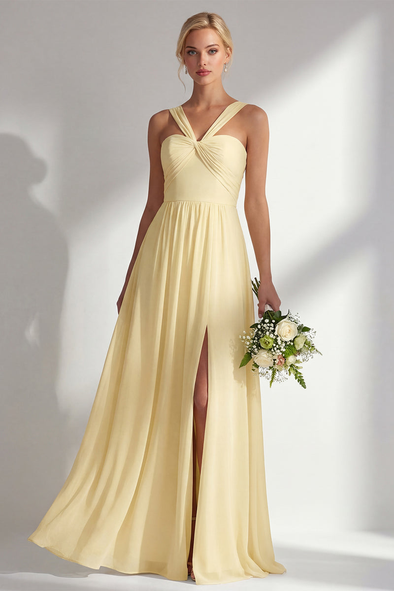 Laden Sie das Bild in den Galerie-Viewer, Zitronensorbet A-Linie Chiffon Wandelbares Langes Brautjungfernkleid mit Schlitz