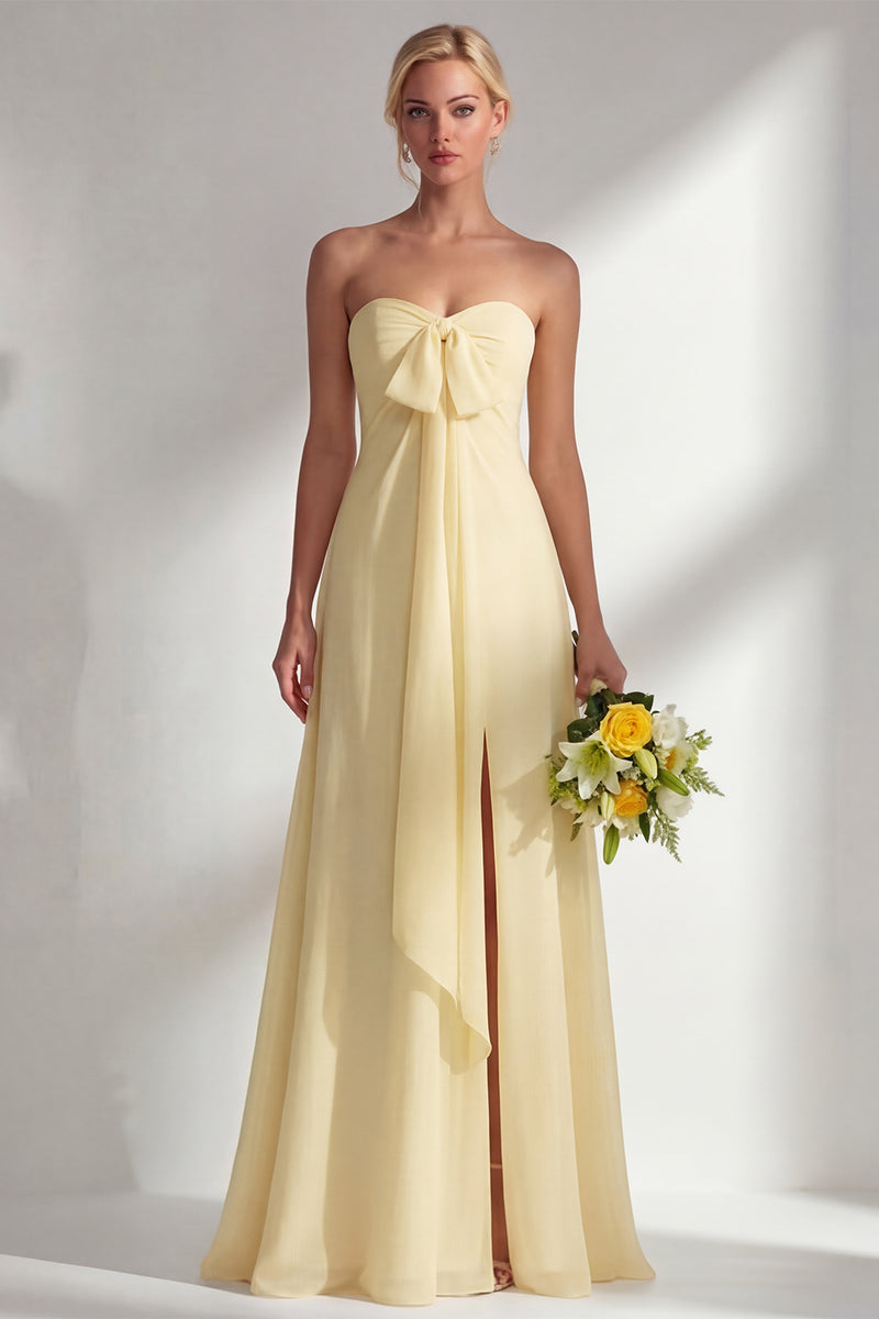 Laden Sie das Bild in den Galerie-Viewer, Zitronensorbet A-Linie Chiffon Wandelbares Langes Brautjungfernkleid mit Schlitz