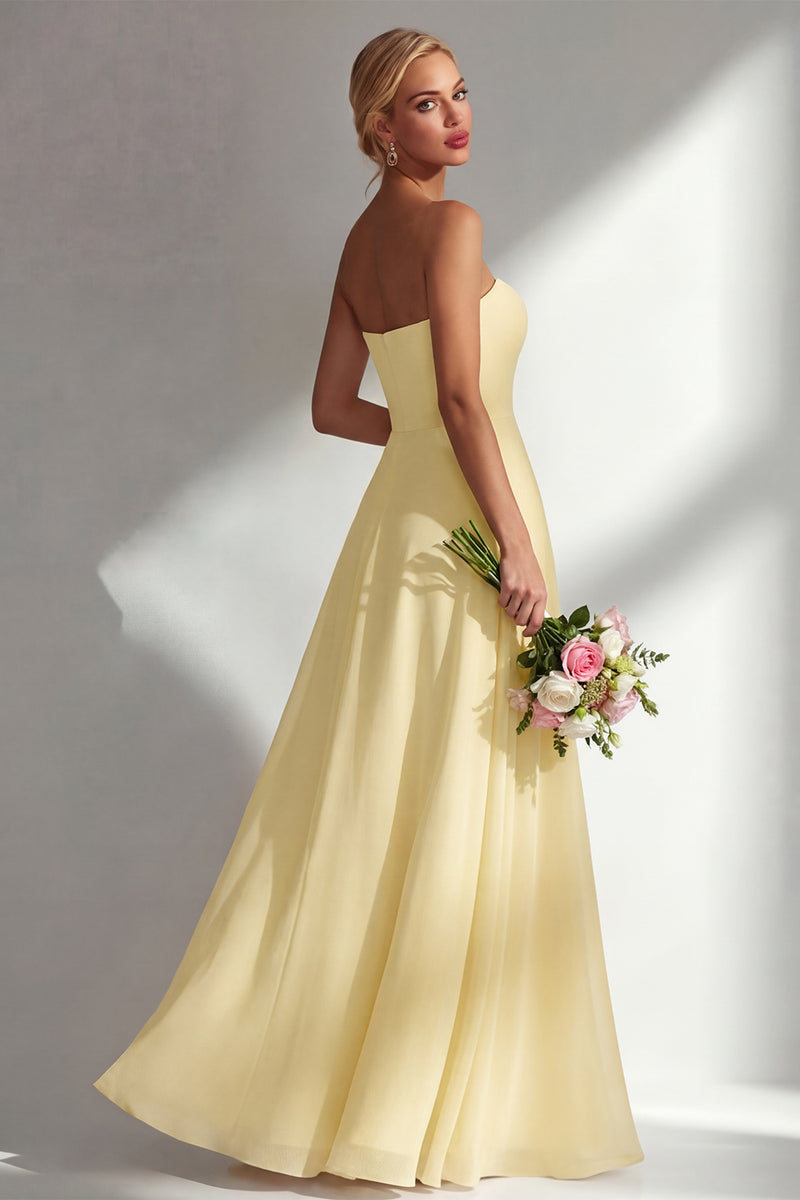 Laden Sie das Bild in den Galerie-Viewer, Zitronensorbet A-Linie Chiffon Wandelbares Langes Brautjungfernkleid mit Schlitz