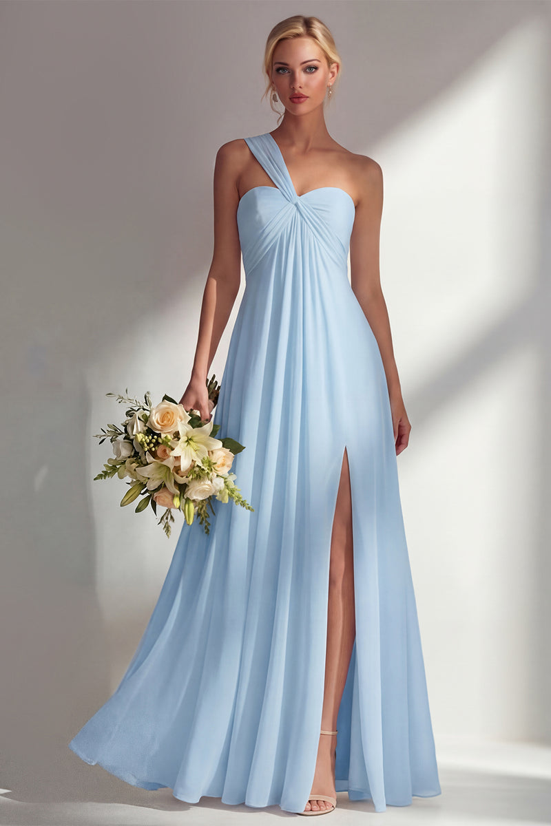 Laden Sie das Bild in den Galerie-Viewer, Zitronensorbet A-Linie Chiffon Wandelbares Langes Brautjungfernkleid mit Schlitz