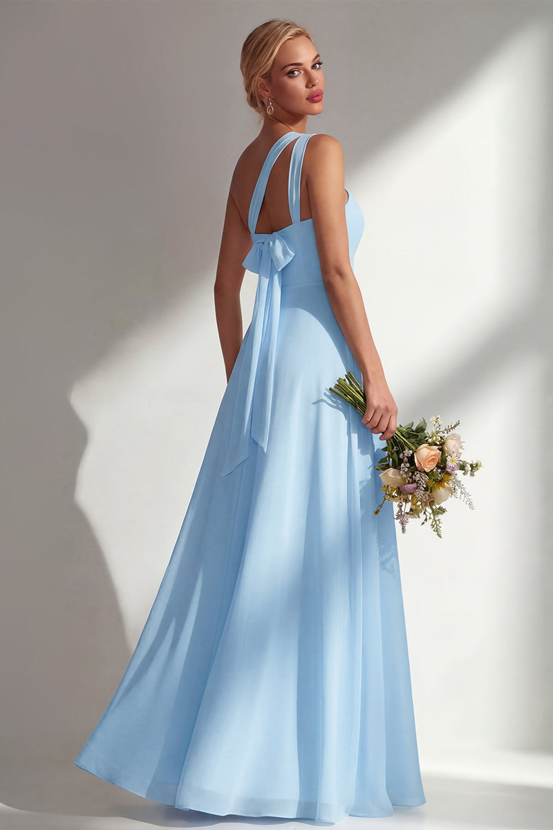 Laden Sie das Bild in den Galerie-Viewer, Zitronensorbet A-Linie Chiffon Wandelbares Langes Brautjungfernkleid mit Schlitz