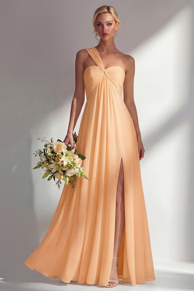Laden Sie das Bild in den Galerie-Viewer, Zitronensorbet A-Linie Chiffon Wandelbares Langes Brautjungfernkleid mit Schlitz