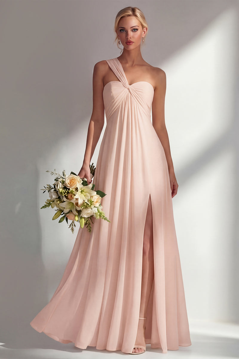 Laden Sie das Bild in den Galerie-Viewer, Zitronensorbet A-Linie Chiffon Wandelbares Langes Brautjungfernkleid mit Schlitz