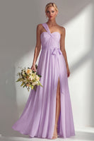 Laden Sie das Bild in den Galerie-Viewer, Zitronensorbet A-Linie Chiffon Wandelbares Langes Brautjungfernkleid mit Schlitz
