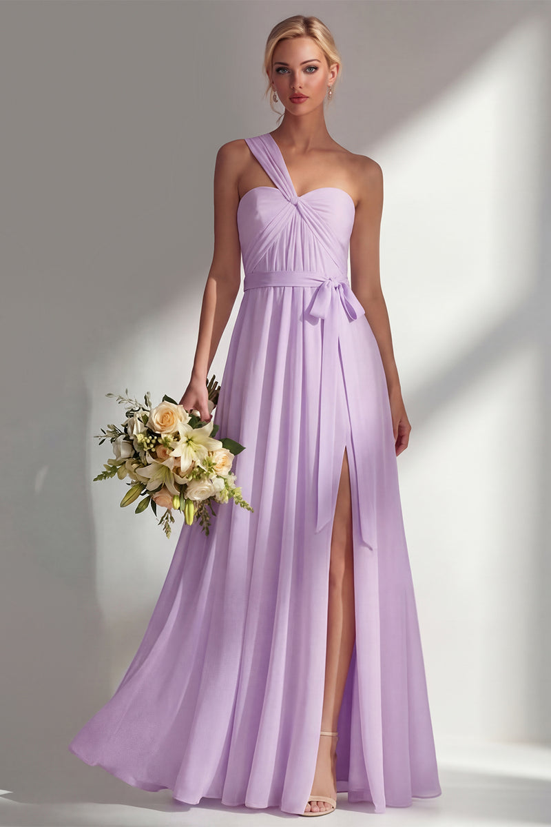 Laden Sie das Bild in den Galerie-Viewer, Zitronensorbet A-Linie Chiffon Wandelbares Langes Brautjungfernkleid mit Schlitz