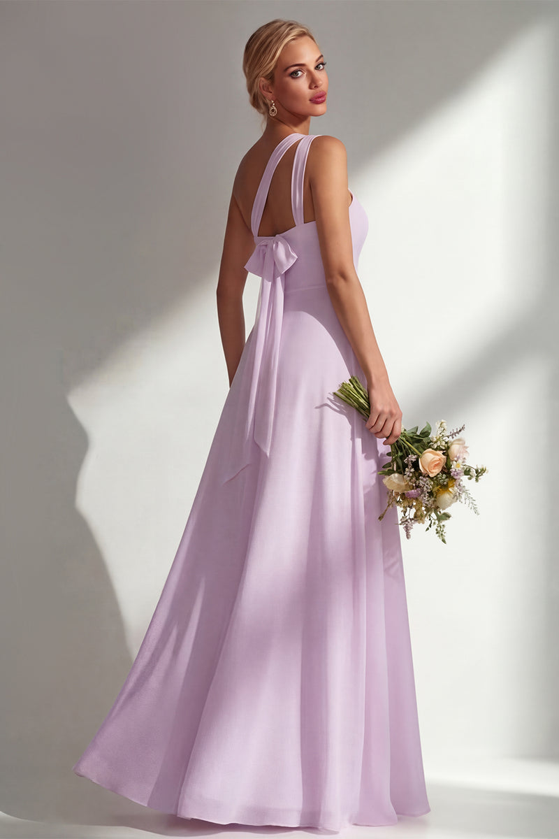 Laden Sie das Bild in den Galerie-Viewer, Zitronensorbet A-Linie Chiffon Wandelbares Langes Brautjungfernkleid mit Schlitz