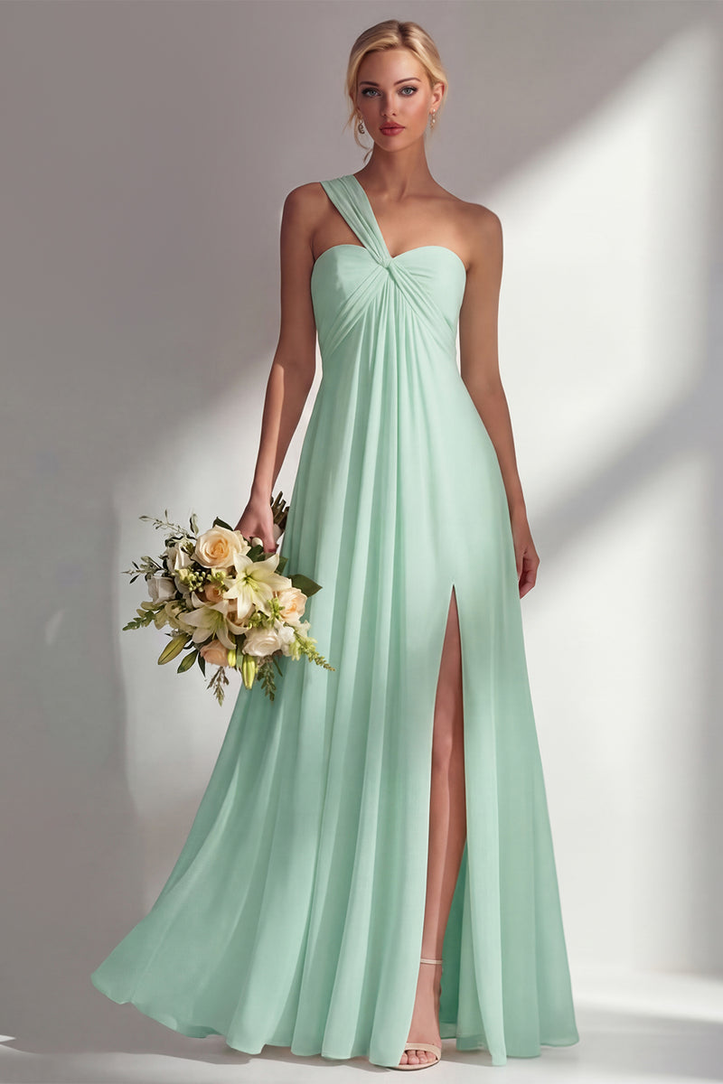 Laden Sie das Bild in den Galerie-Viewer, Zitronensorbet A-Linie Chiffon Wandelbares Langes Brautjungfernkleid mit Schlitz