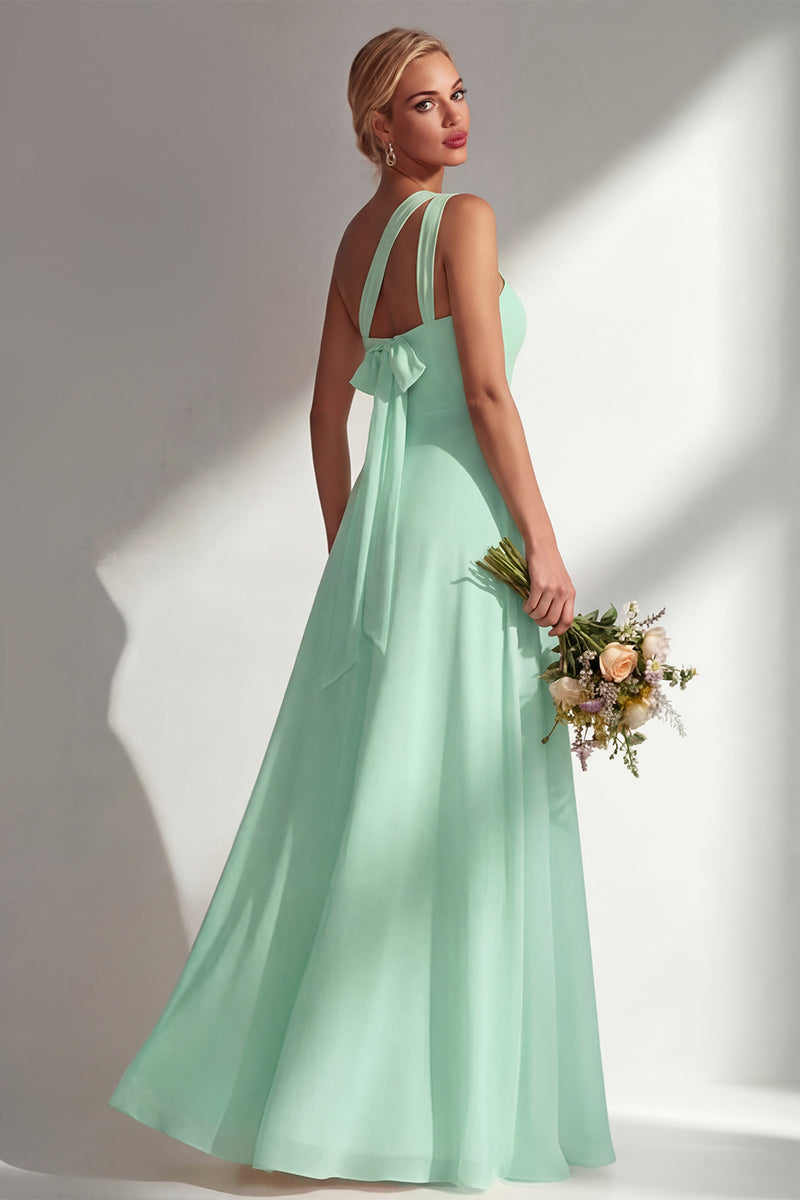 Laden Sie das Bild in den Galerie-Viewer, Zitronensorbet A-Linie Chiffon Wandelbares Langes Brautjungfernkleid mit Schlitz