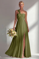 Laden Sie das Bild in den Galerie-Viewer, Zitronensorbet A-Linie Chiffon Wandelbares Langes Brautjungfernkleid mit Schlitz