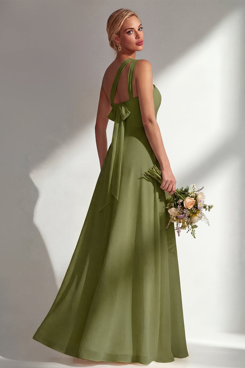 Laden Sie das Bild in den Galerie-Viewer, Zitronensorbet A-Linie Chiffon Wandelbares Langes Brautjungfernkleid mit Schlitz