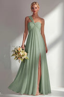 Laden Sie das Bild in den Galerie-Viewer, Zitronensorbet A-Linie Chiffon Wandelbares Langes Brautjungfernkleid mit Schlitz