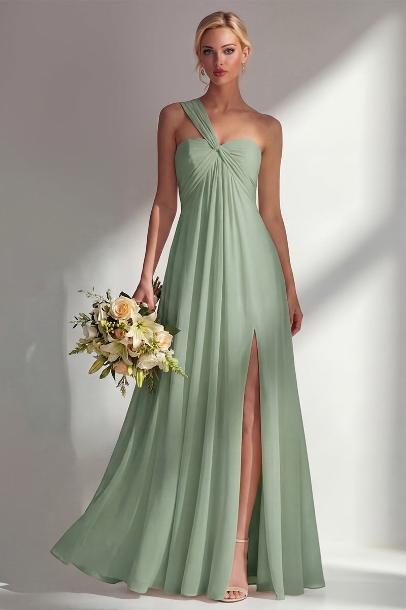 Laden Sie das Bild in den Galerie-Viewer, Zitronensorbet A-Linie Chiffon Wandelbares Langes Brautjungfernkleid mit Schlitz