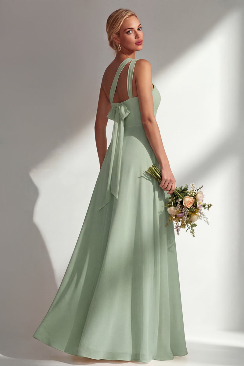 Laden Sie das Bild in den Galerie-Viewer, Zitronensorbet A-Linie Chiffon Wandelbares Langes Brautjungfernkleid mit Schlitz