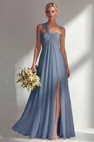 Laden Sie das Bild in den Galerie-Viewer, Zitronensorbet A-Linie Chiffon Wandelbares Langes Brautjungfernkleid mit Schlitz