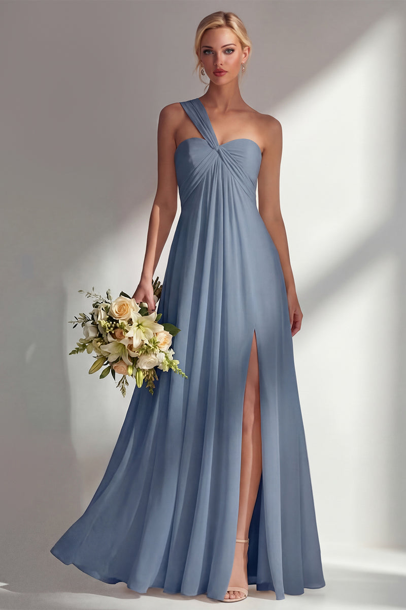 Laden Sie das Bild in den Galerie-Viewer, Zitronensorbet A-Linie Chiffon Wandelbares Langes Brautjungfernkleid mit Schlitz