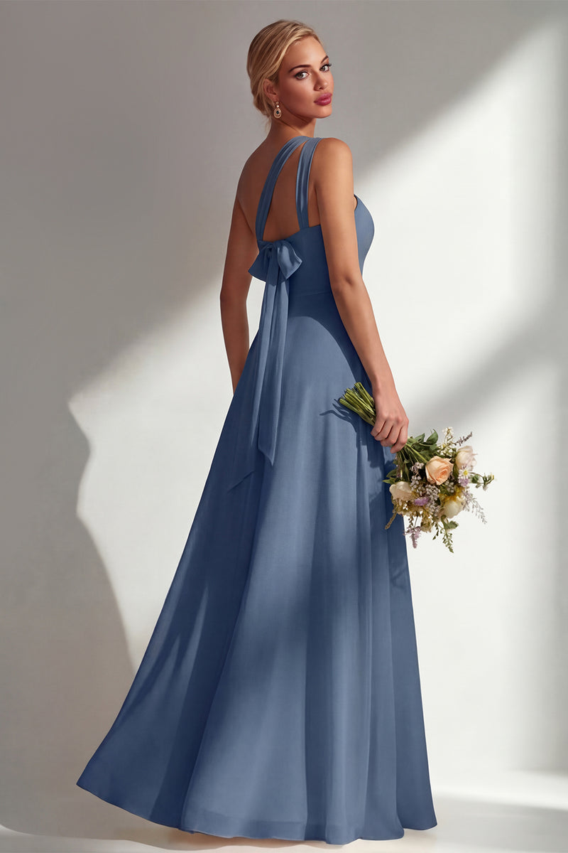 Laden Sie das Bild in den Galerie-Viewer, Zitronensorbet A-Linie Chiffon Wandelbares Langes Brautjungfernkleid mit Schlitz
