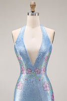 Laden Sie das Bild in den Galerie-Viewer, Glitzerndes Hellblaues Satin Meerjungfrauen Langes V-Ausschnitt Ballkleid mit Perlen