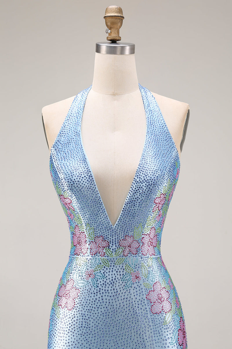 Laden Sie das Bild in den Galerie-Viewer, Glitzerndes Hellblaues Satin Meerjungfrauen Langes V-Ausschnitt Ballkleid mit Perlen